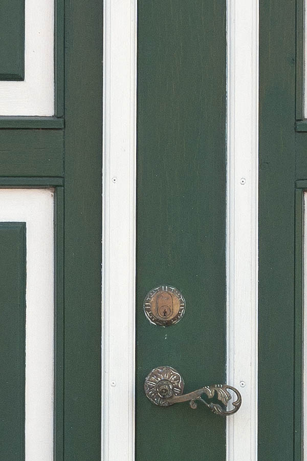 Photo 09321: Panelled, green and white double door with top window