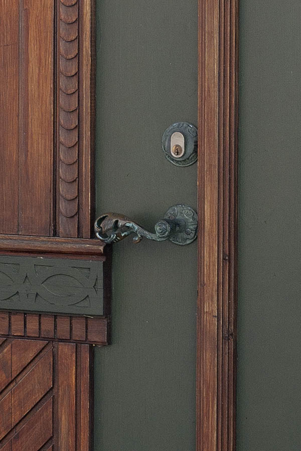 Photo 09333: Carved, panelled, green and lacquered double door with door lights
