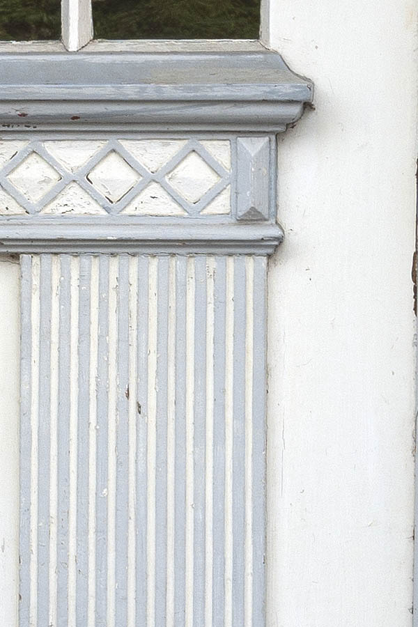 Photo 09359: Carved, panelled, grey and white door with door light