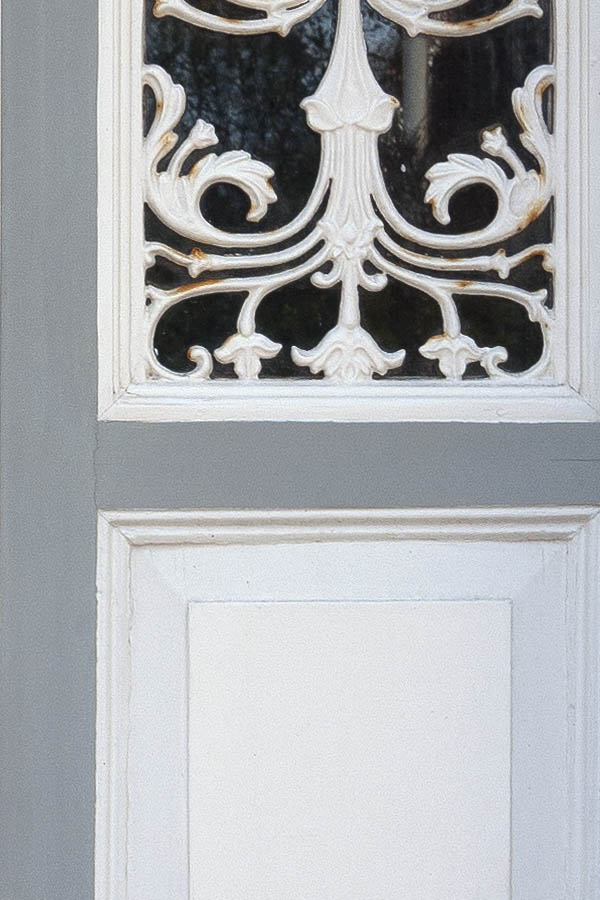 Photo 09365: Panelled, grey and white double door with fan light