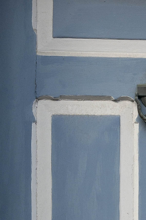 Photo 09440: Lopsided, panelled, light blue and white door with top window