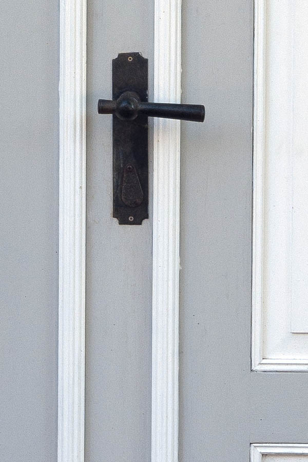 Photo 09604: Panelled, grey and white double door with top window