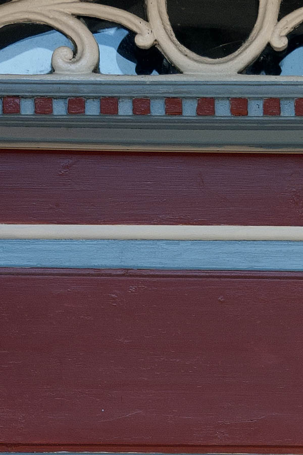 Photo 09619: Carved, panelled, red, light blue and white double door with fan light