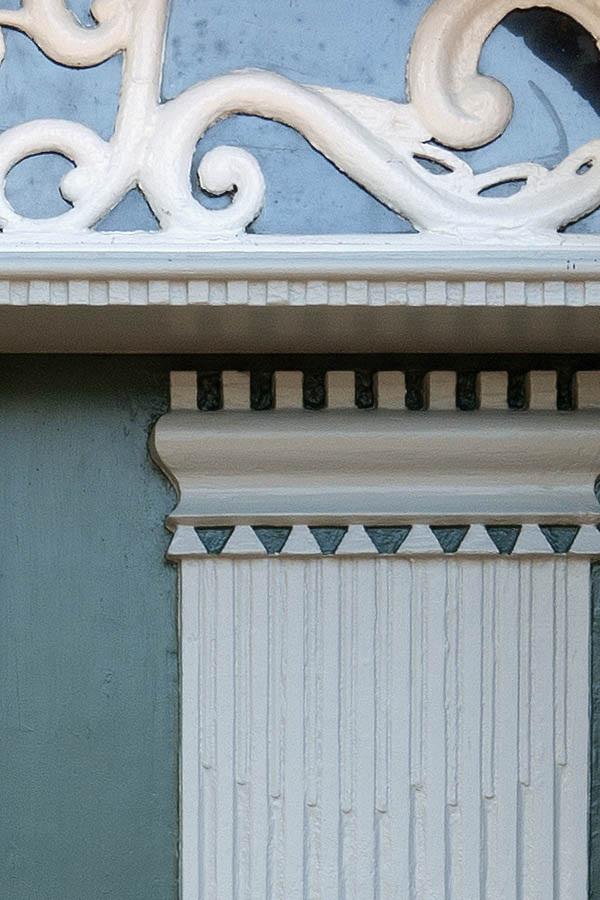 Photo 09621: Carved, green, grey and white double door with fan light