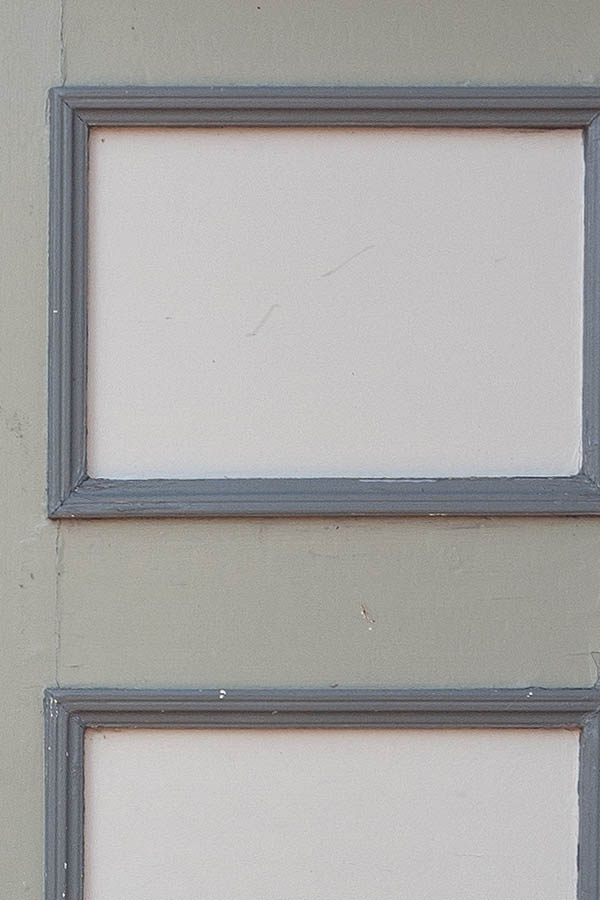 Photo 09624: Carved, panelled, grey, light grey and white double door with fan light