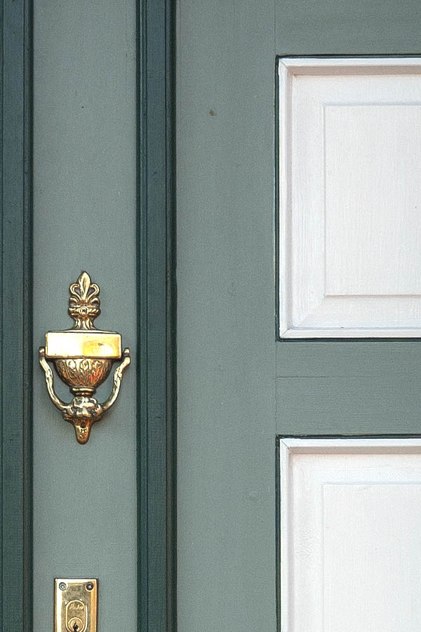 Photo 09634: Panelled, green, light green and white double door with top window