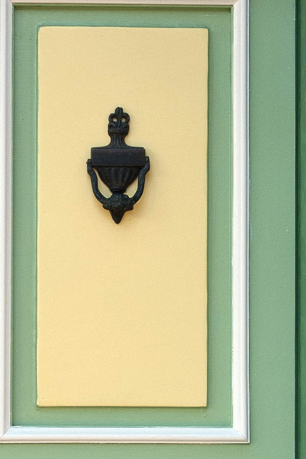 Photo 09638: Panelled, green, light green, light yellow and white double door with top window