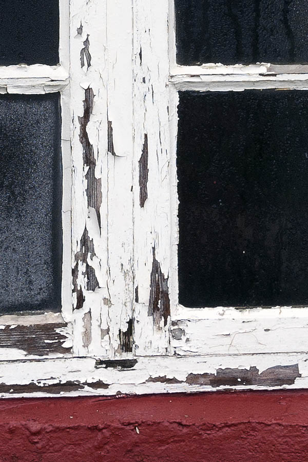 Photo 09652: Decayed, white window with two frames and 12 panes