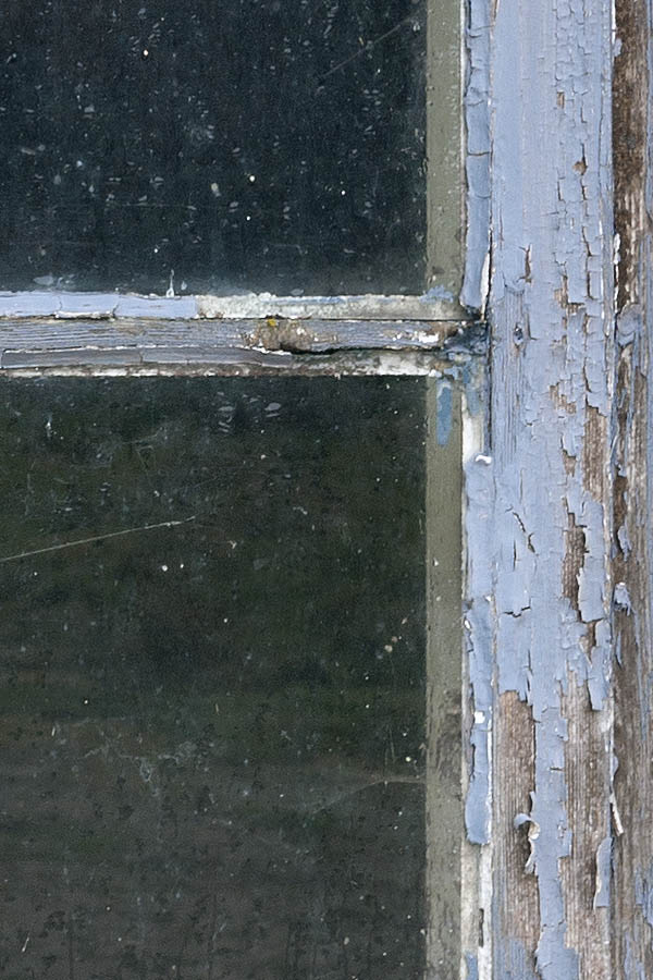 Photo 09664: Decayed, light blue window with two frames and six panes