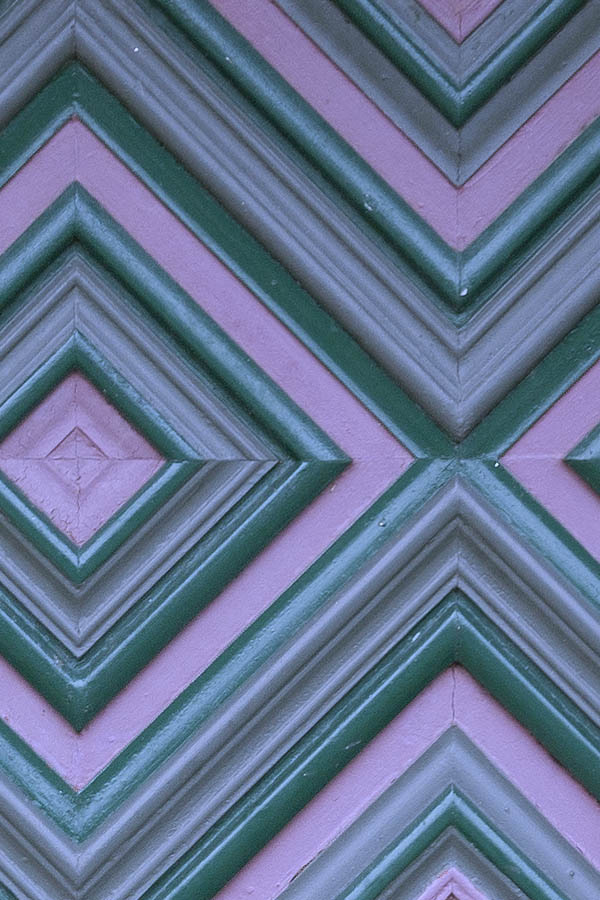 Photo 09724: Green and purple door in a diamond-shaped pattern