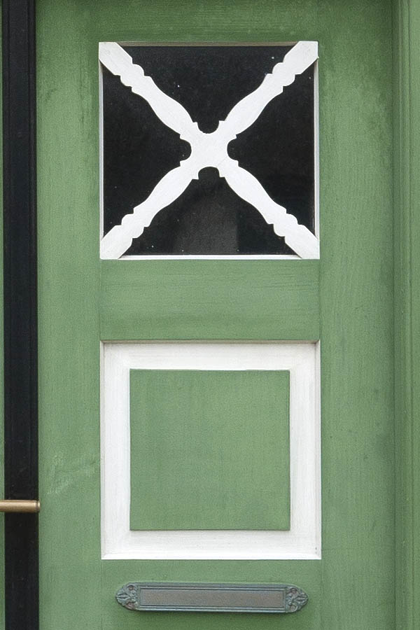Photo 09732: Panelled, light green, black and white double door with door lights