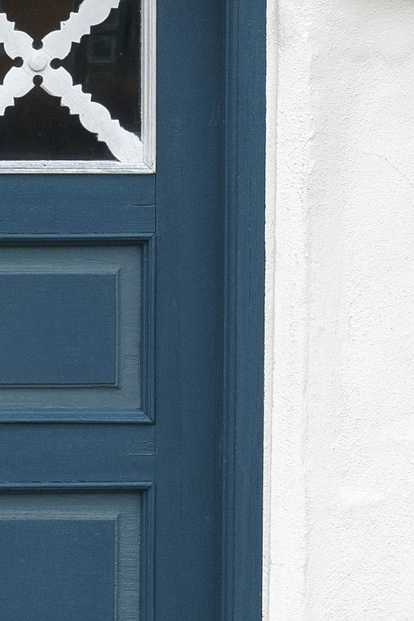 Photo 09736: Panelled, light blue, blue and white double door with door lights