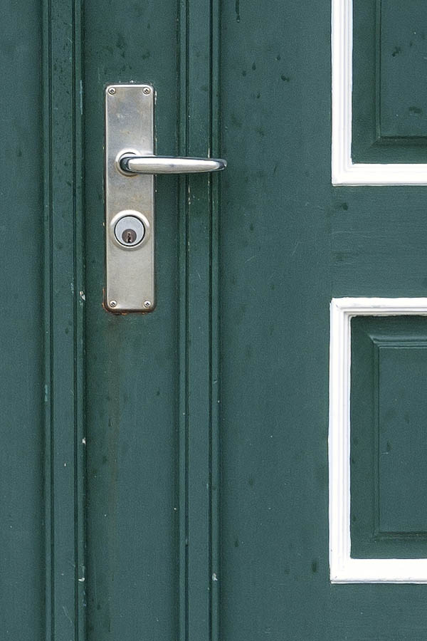 Photo 09750: Panelled, green and white double door with top window