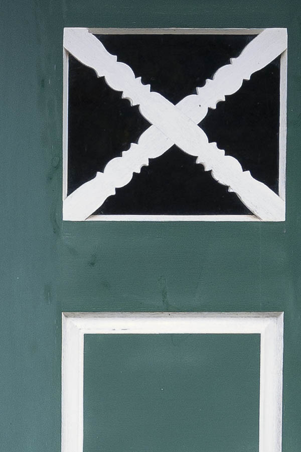 Photo 09776: Panelled, teal and white double door with door lights