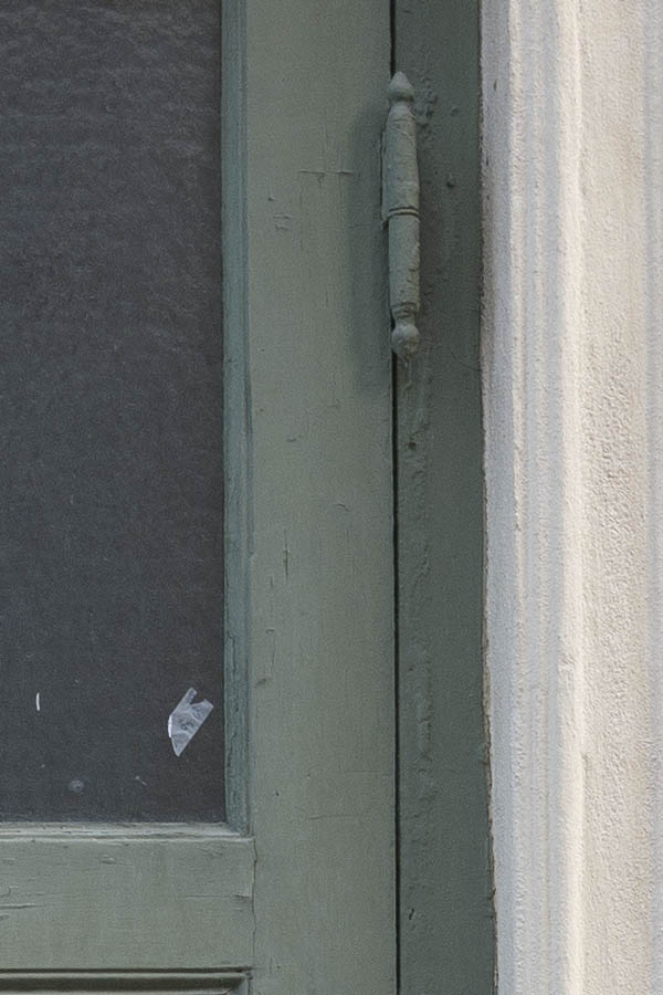 Photo 10039: Narrow, panelled, green double door with door lights