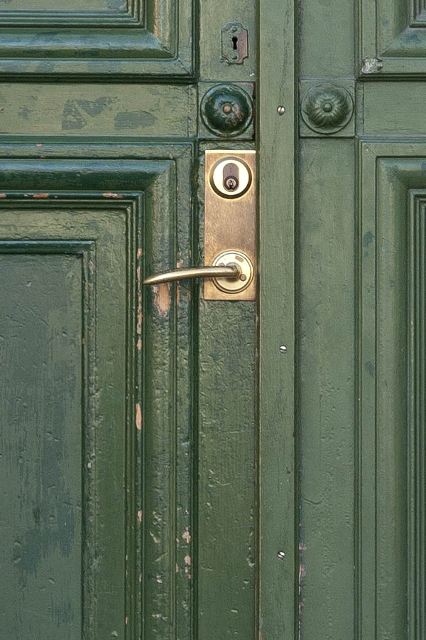 Photo 10356: Worn, panelled, green double door with door lights