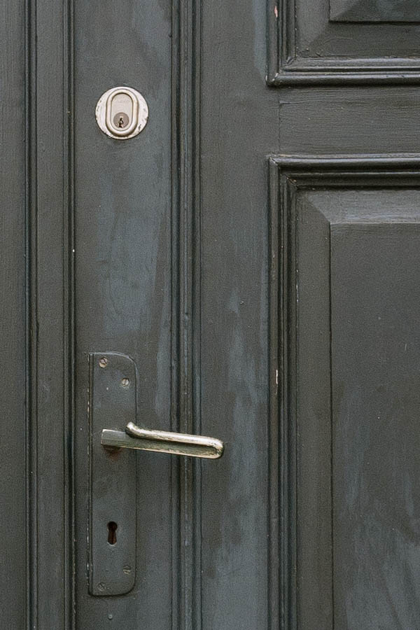 Photo 10564: Panelled, black double door with top window