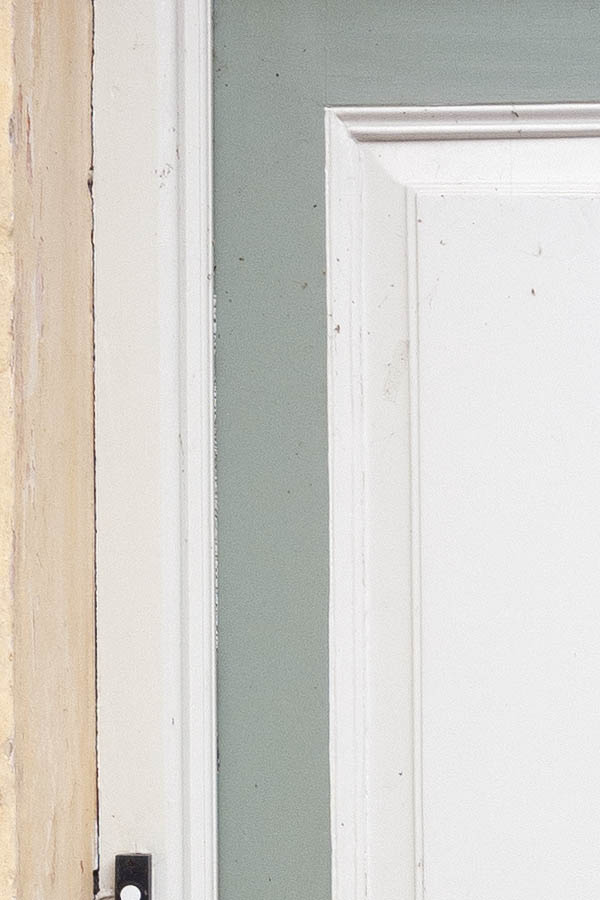 Photo 10578: Carved, panelled, grey and white double door with fan light