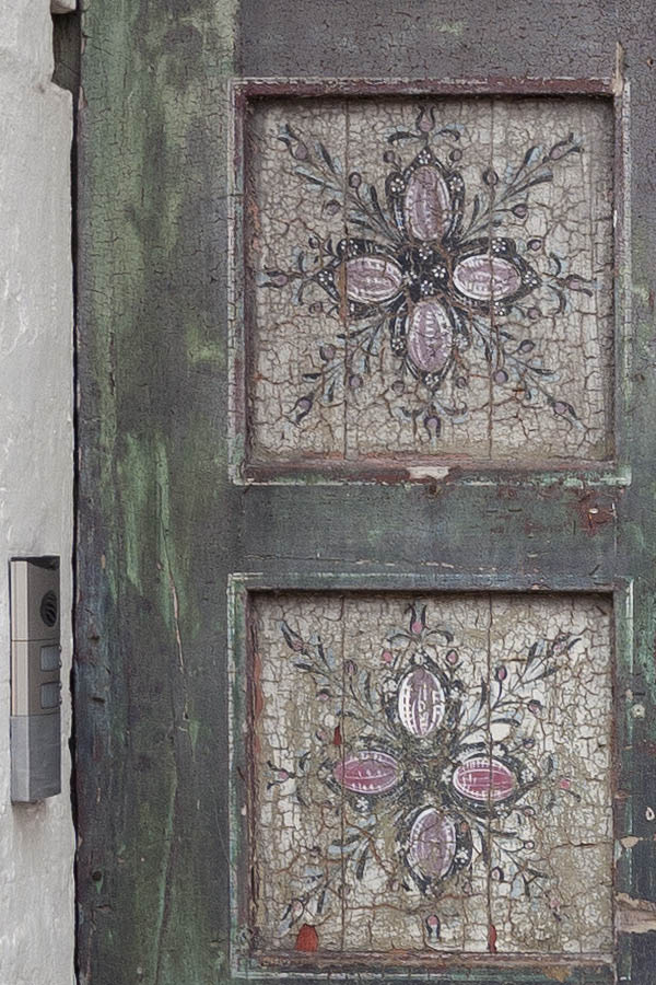 Photo 10675: Panelled, teal, pink, red, black and white gate