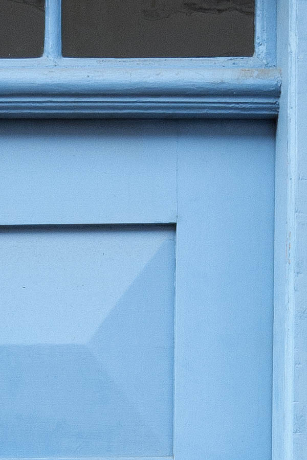 Photo 10790: Panelled, light blue door with top window