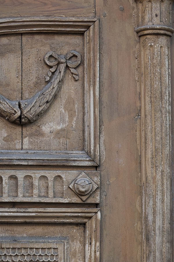Photo 10809: Worn, carved, formed, brown double door with top window