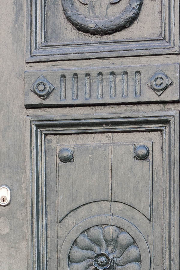 Photo 10902: Carved, formed, panelled, black double door with top window