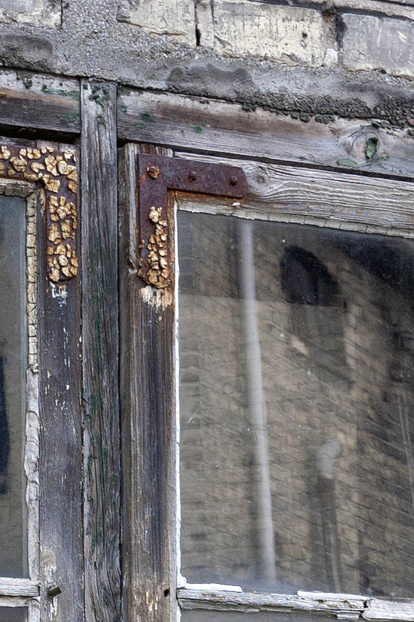 Photo 10954: Decayed, unpainted window with two frames and six panes