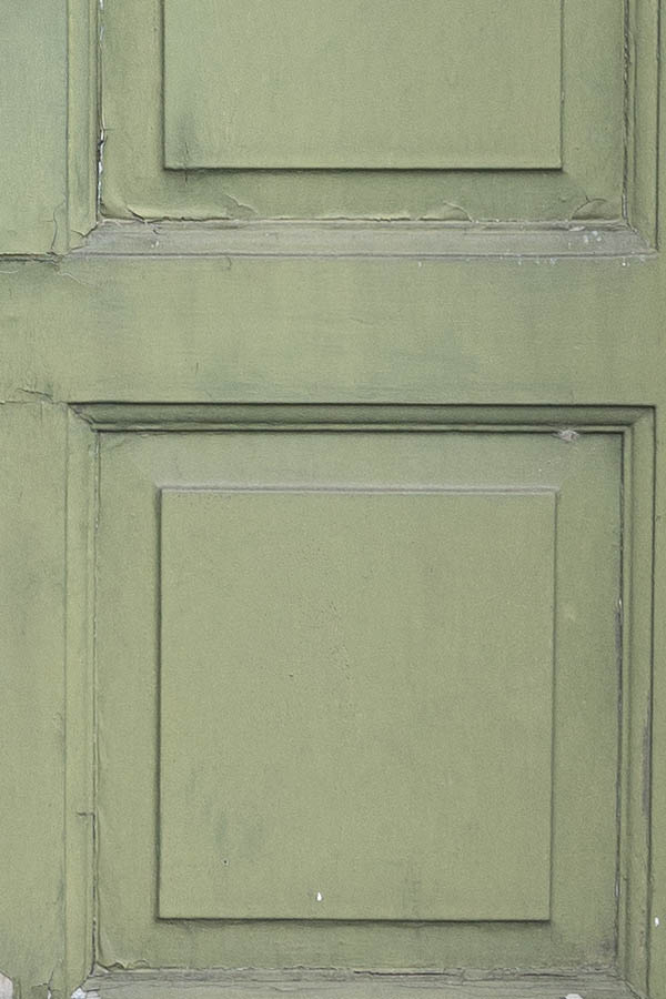 Photo 10956: Decayed, panelled, light green door with door light