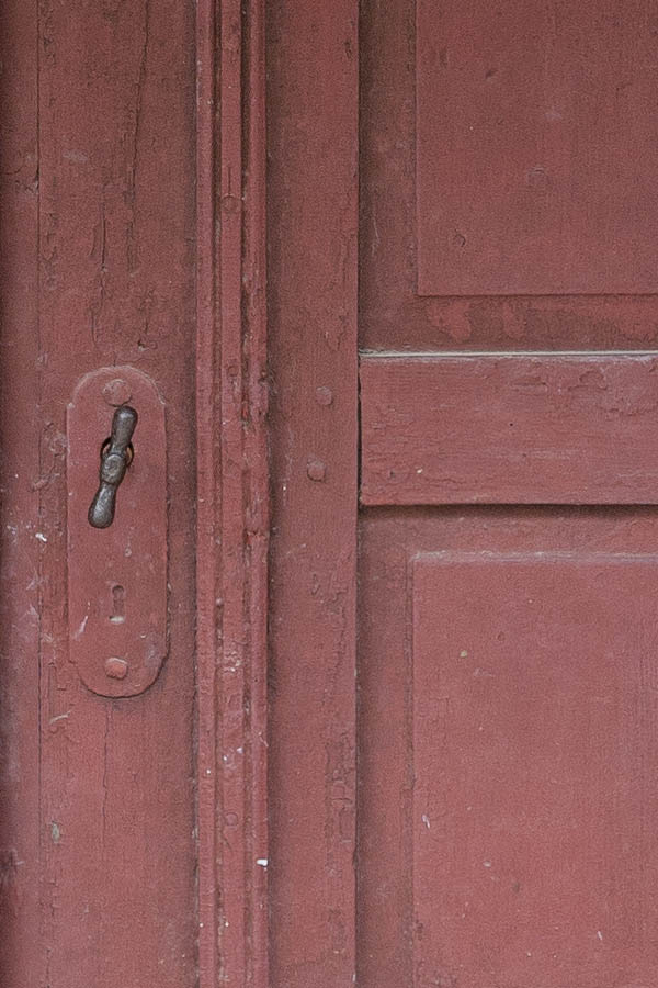 Photo 11073: Panelled, red double door with top window