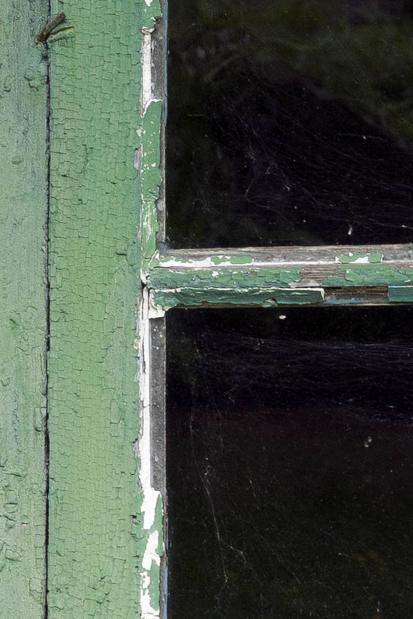 Photo 11278: Worn, green window with two frames and six panes