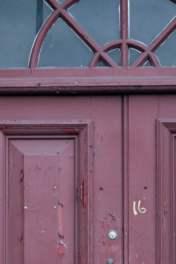 Photo 11480: Panelled, purple double door with fan light