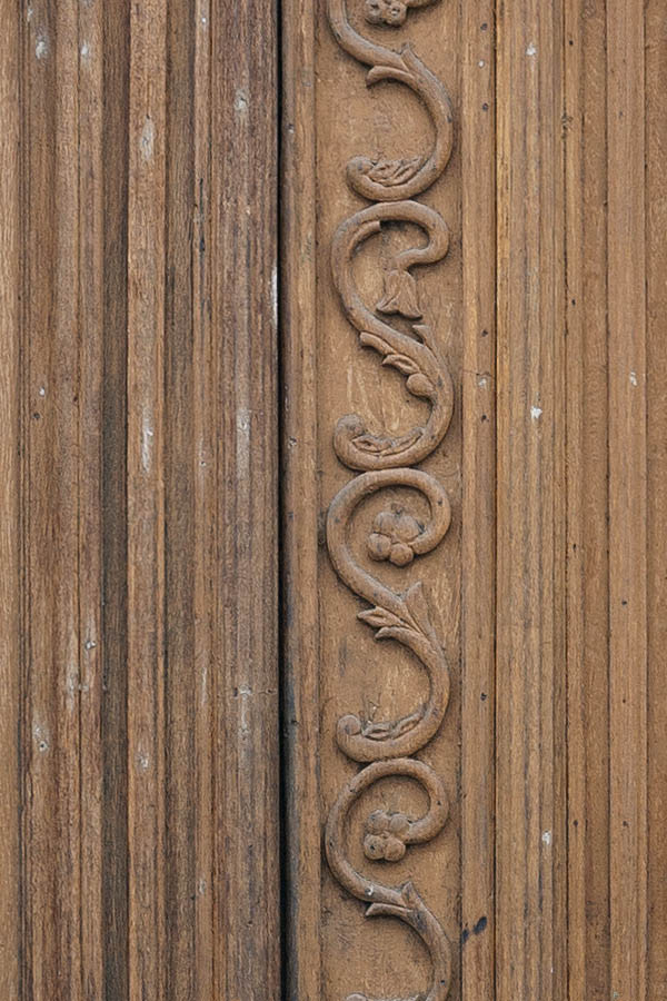 Photo 11940: Carved, panelled, oiled double door with top window