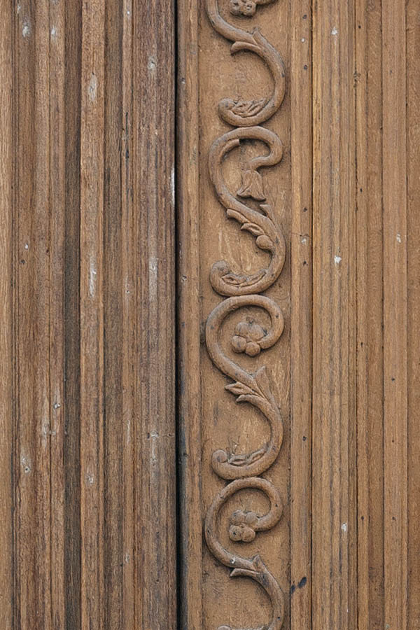 Photo 11940: Carved, panelled, oiled double door with top window