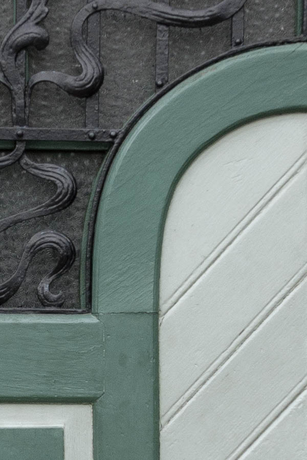 Photo 12104: formed, panelled, green, grey and black door