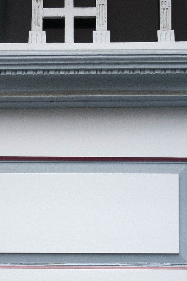 Photo 12122: Panelled, grey, white and red door with top window