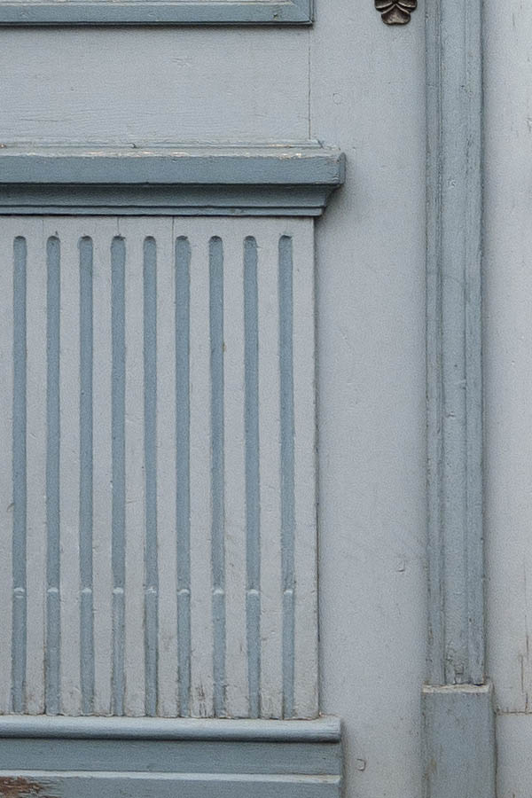 Photo 12148: Worn, panelled, light blue and blue double door with top window