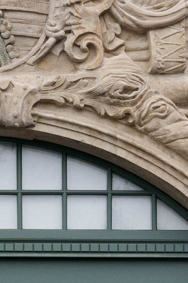 Photo 12168: Carved, panelled green and white gate with fan light