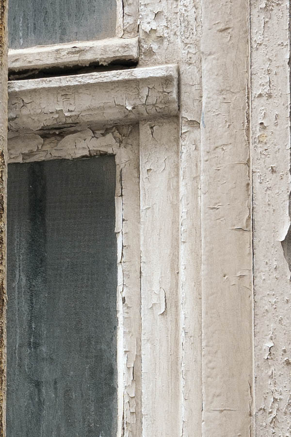 Photo 12207: Decayed white window with two frames and six panes