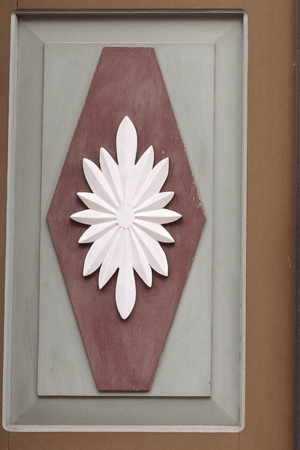 Photo 12271: Panelled, brown, red, grey and white double door with top window