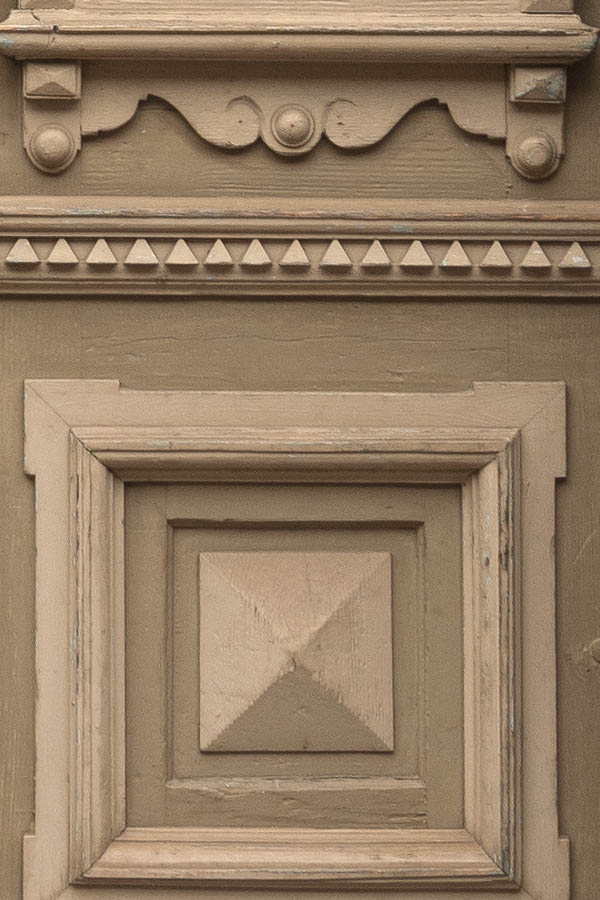 Photo 12273: Panelled, carved, brown, light brown and yellow double door with door lights and black lattice. Top 