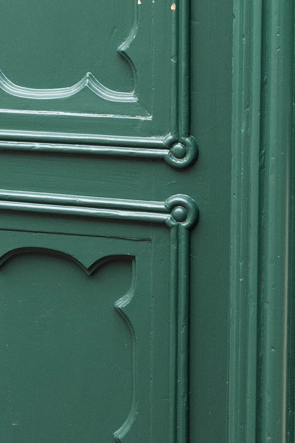 Photo 12292: Carved, panelled, green double door with top window