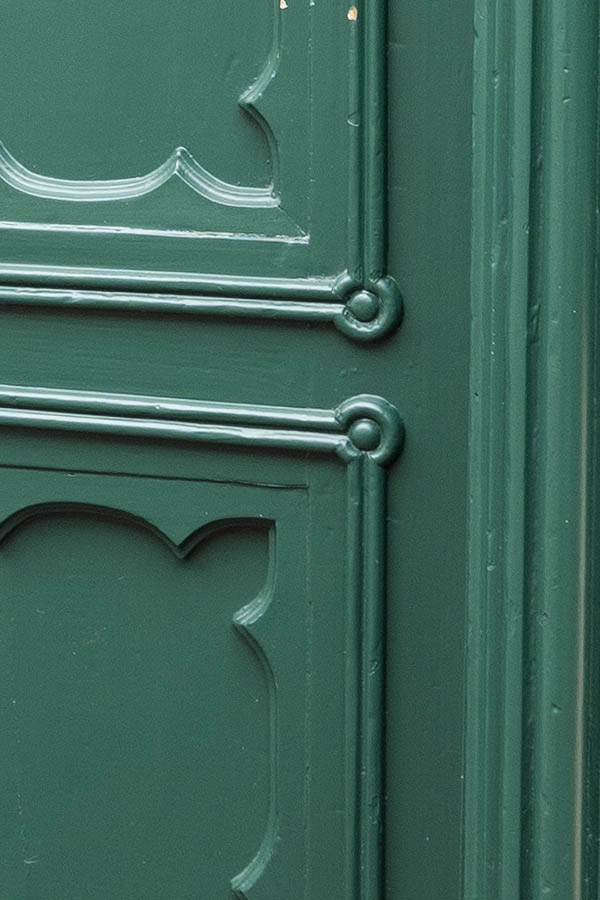 Photo 12292: Carved, panelled, green double door with top window