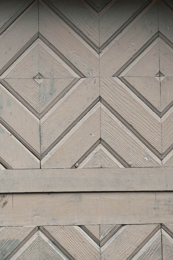 Photo 12376: Worn, panelled, green gate with minor door