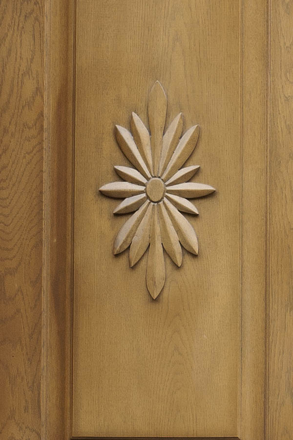 Photo 12402: Carved, panelled, lacquered double door with top window and pilaster