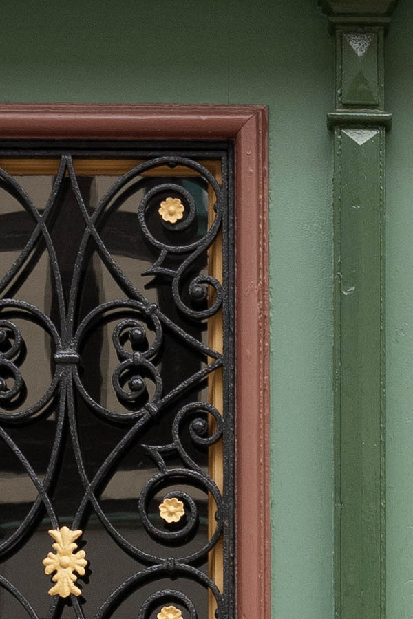 Photo 12459: Panelled, green, light green, brown and yellow double door with top window and door lights