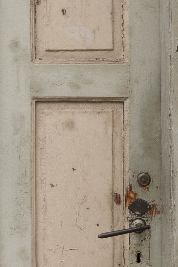 Photo 12500: Lopsided, panelled, light grey, light yellow and white door with top window