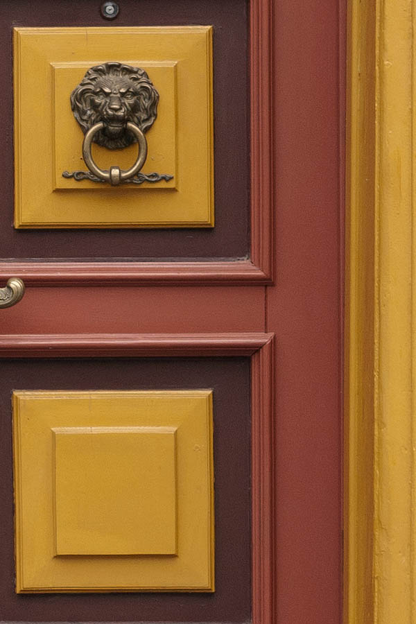 Photo 12663: Panelled, red, brown and yellow double door with top window
