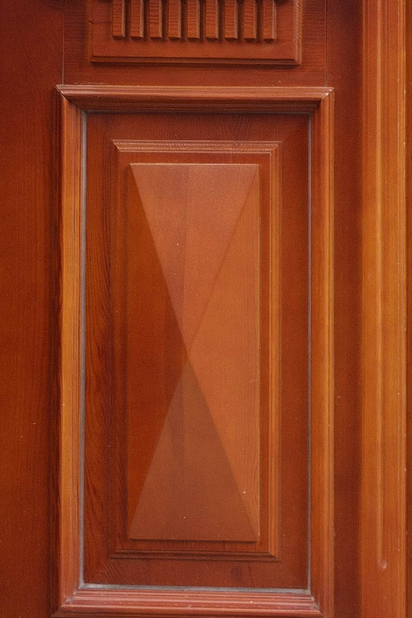 Photo 12667: Panelled, carved, red, brown and green double door with top window and door lights