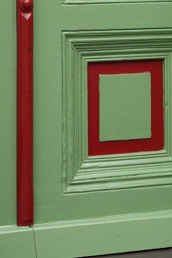 Photo 12669: Panelled, light green, red and white double door with top window