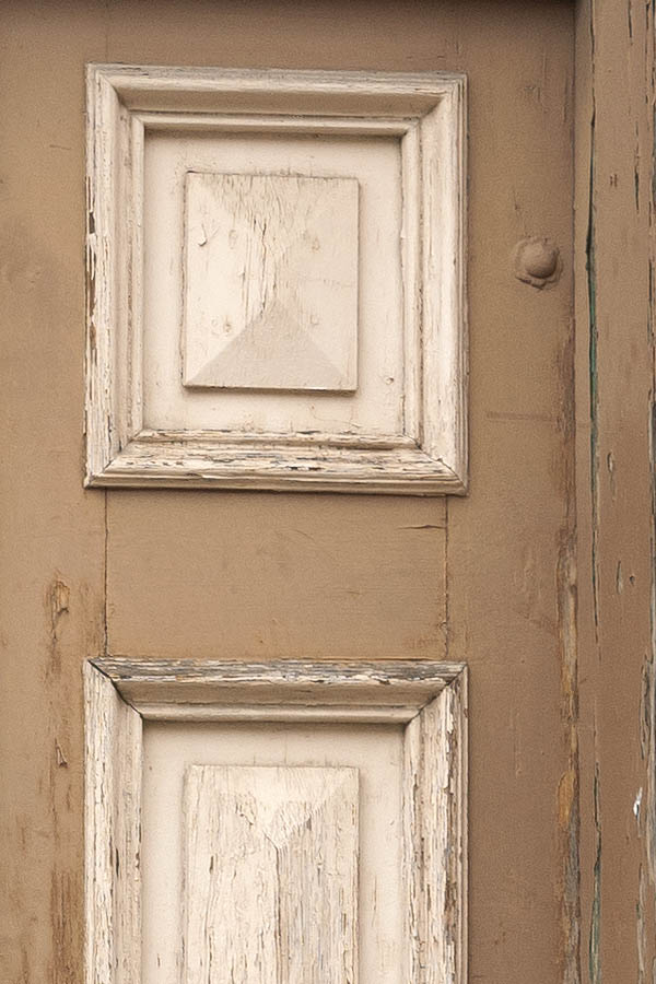 Photo 12732: Decayed, panelled, light brown and light yellow double door with top window